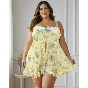 Vintage California Dynasty Chemise 2X Plus Size Flutter Babydoll Yellow Floral
